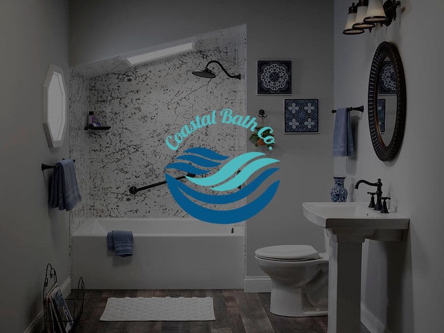The Coastal Bath Co Logo superimposed over a photo of a renovated bathroom with combination shower tub.