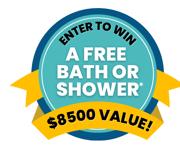 A badge advertising a giveaway contest for a free bath or shower.