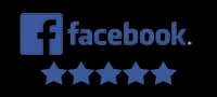 The Facebook logo with a five-star rating below.