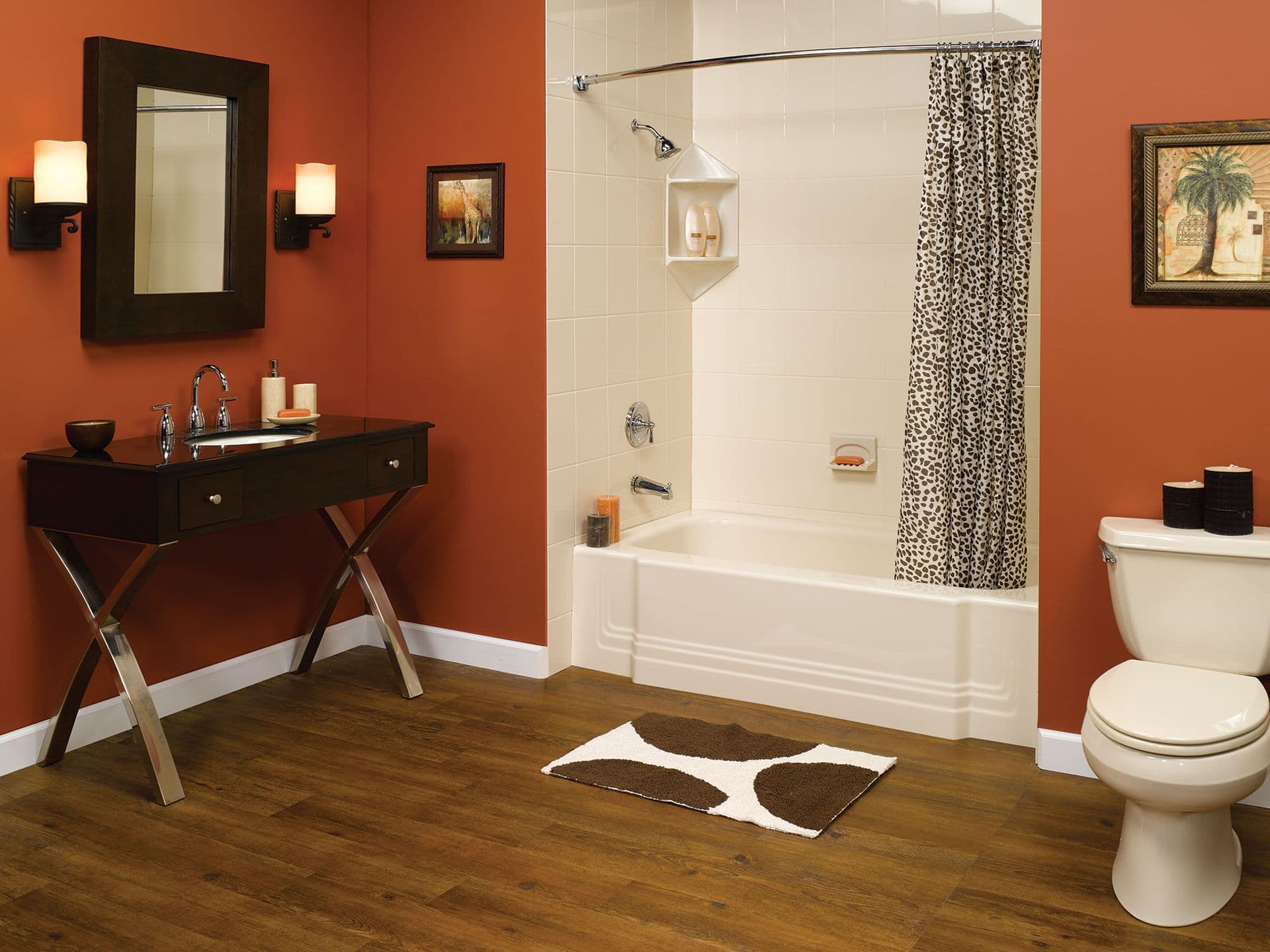 A red bathroom with a combination shower tub with a curtain and corner shelves.