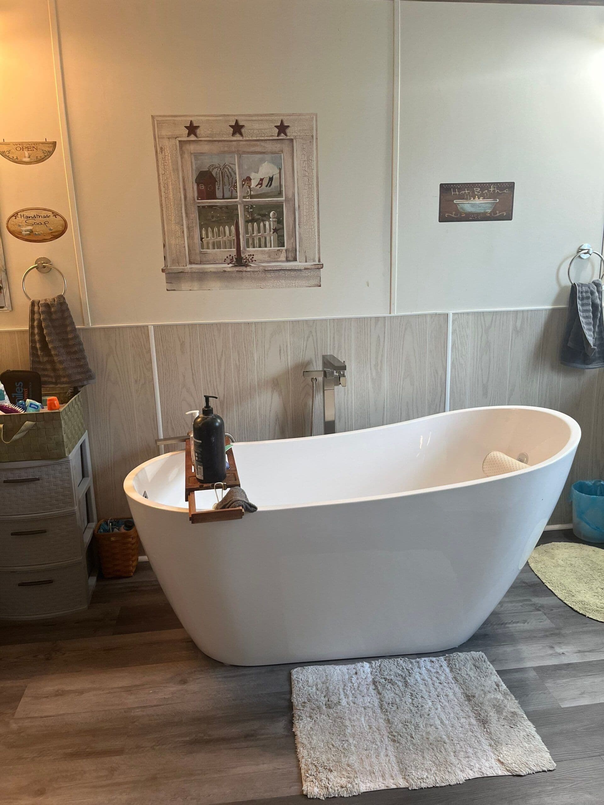 A large freestanding soaking bathtub.