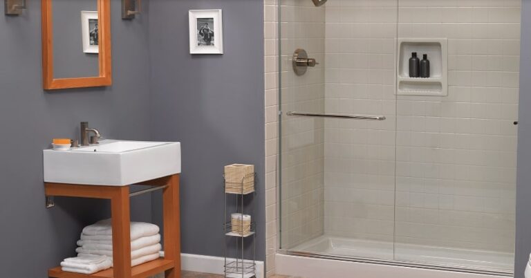 Blue rustic bathroom after a shower replacement in the Delmarva Peninsula