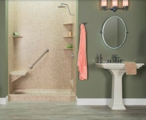 Green bathroom with sleek design after a shower replacement