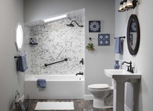 Small bathroom with changed elements to make it look bigger.